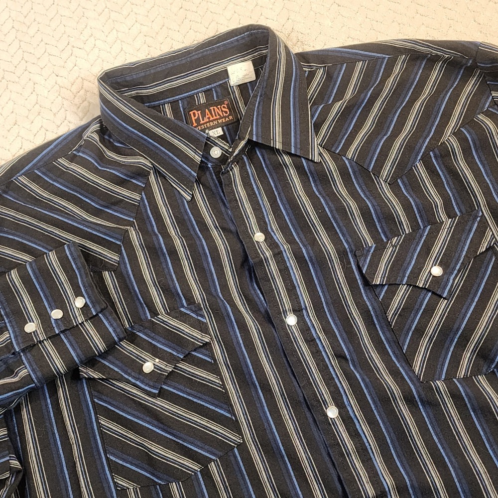 PLAINS Western‎ Wear Mens XL Black Blue Stripe Snap Front Long Sleeve Shirt